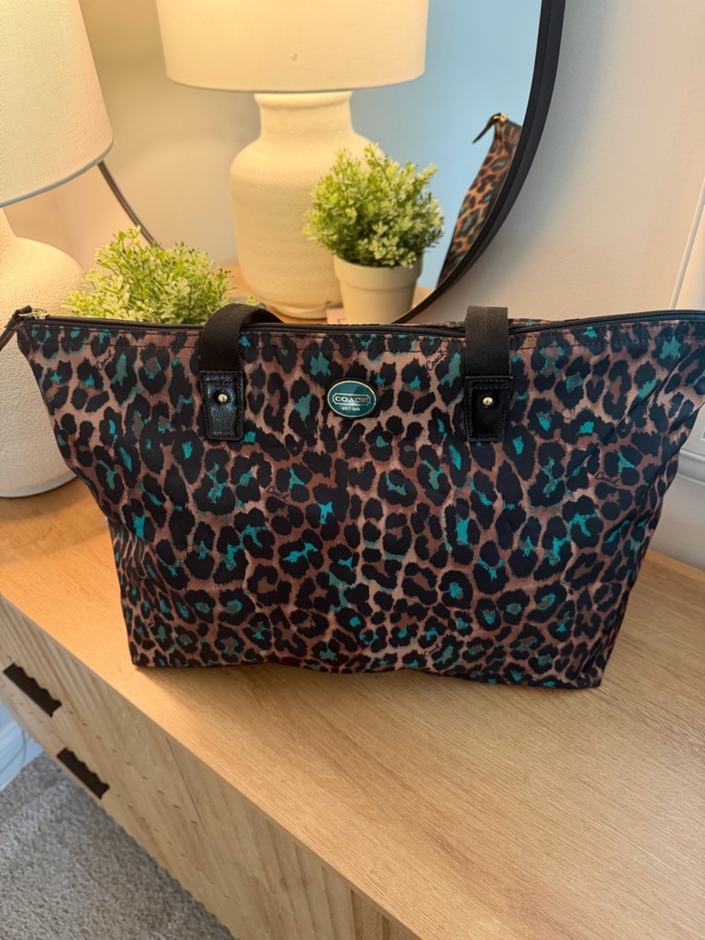 Coach Leopard-Print Tote with Teal Accents